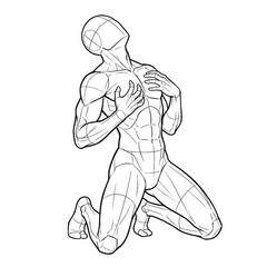 Ink sketch of man arching back in agony isolated on white.