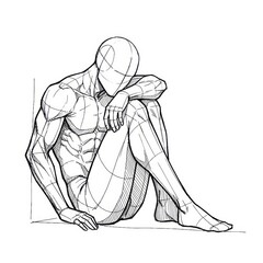 Ink sketch of man sitting against wall hugging knees isolated on white.