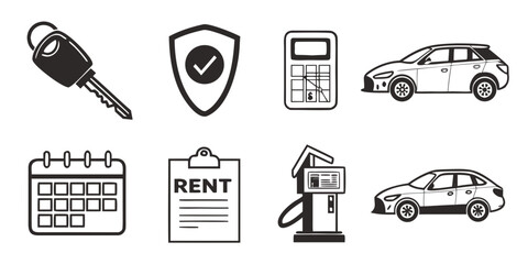 Various icons representing different aspects of car rental services and safety. Vector © rabi