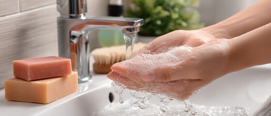 Fototapeta premium Woman washes hands in bright bathroom with soap and shampoo during daylight, close-up view highlighting cleanliness and hygiene practices