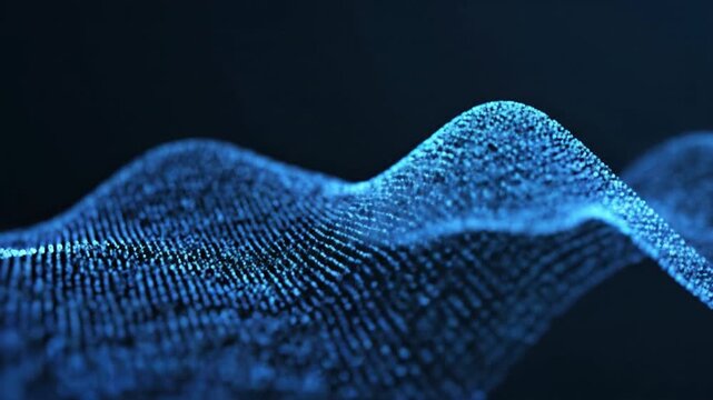 Blue digital particle wave forming abstract data landscape with glowing points and flowing structure evoking motion and technology blue particle wave pattern flowing across dark background conveying