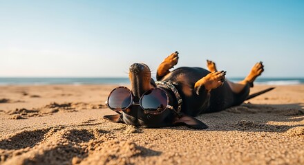 Obraz premium Dachshund dog wearing sunglasses relaxing on sandy beach