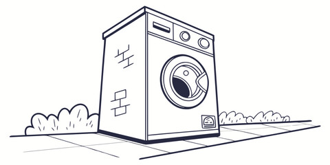 A vintage washing machine stands alone in a desolate, windswept landscape. Vector © rabi