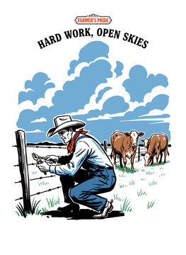 Vintage western farmer fixing barbed wire fence with cattle, retro graphic illustration for t-shirt design and rural branding.