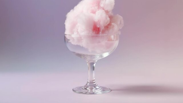 A fluffy pink cloud floating inside a wine glass. Minimal and surreal concept blending texture and elegance on a pastel backdrop.
