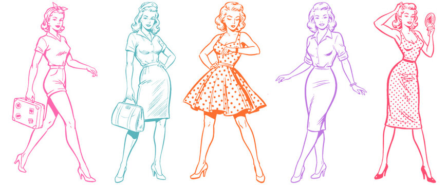 Retro pop art women vector graphic. Vintage fashion ladies set. 1950s style illustration collection. Pin-up girls design elements.