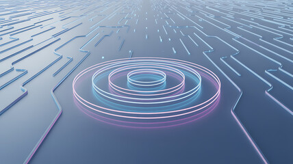 Fototapeta premium Abstract digital landscape with glowing pink and blue concentric circles on a circuit board pattern, futuristic connection