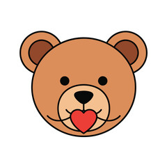Obraz premium Cartoon bear face with heart shaped tongue in cute kawaii style with bright red and brown colors on white background for valentines day greeting card