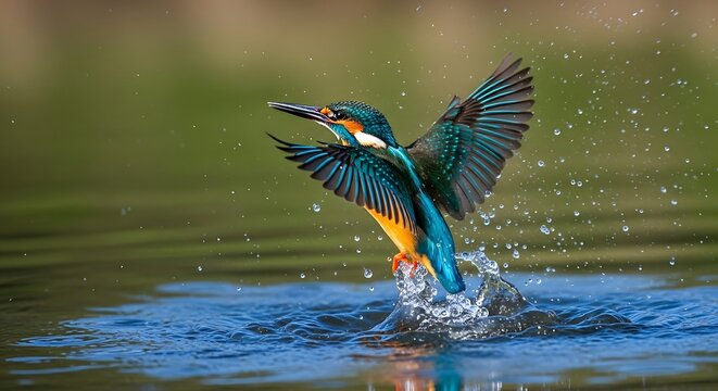 A vibrant kingfisher emerges from water, wings outstretched, capturing a dynamic moment