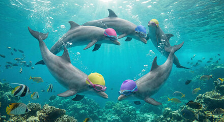 Obraz premium Dolphins swim together in a coral reef while wearing colorful swim caps and goggles during a sunny day underwater