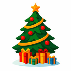 Decorated Christmas tree with ornaments garland star and gift boxes festive cartoon