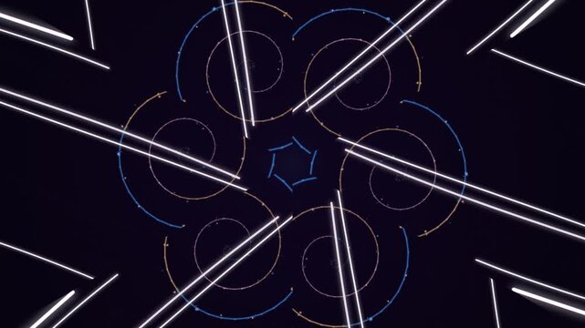 Geometric shapes and lines intersecting in a symmetrical pattern on a dark background from a direct viewpoint
