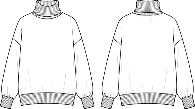 Oversized long sleeve turtleneck sweater technical fashion flat sketch vector illustration template front and back view blank CAD mockup design