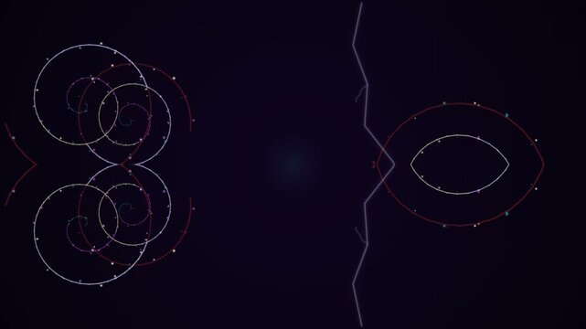 Abstract illustration of interconnected circles and ovals in a dark environment from a frontal viewpoint