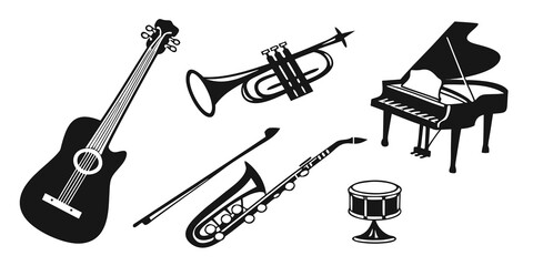 A variety of musical instruments including a guitar, trumpet, trombone, and piano. Vector © Akshay
