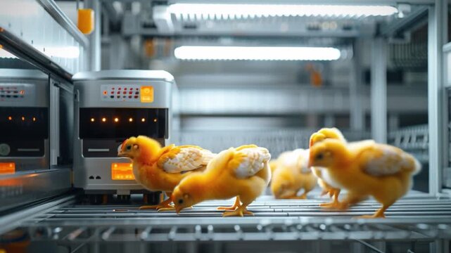 Newly hatched chicks explore their modern hatchery surroundings in cutting-edge farming facility, showcasing integration advanced technology agricultural practices in poultry farming, guided by farmer