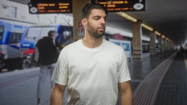 Man with beard showing both thumbs down on a train platform inside a building wearing white tshirt, facing camera; travel disappointment.