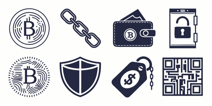 A collection of various cryptocurrency and blockchain related icons and symbols Vector