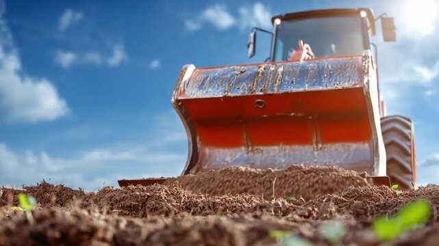 Earth Mover's Landscaping: A heavy-duty earth mover, illuminated by the radiant sunlight, navigates the rough terrain of a field, sculpting and shaping the environment with precision and power.