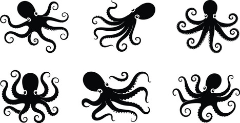 Six black octopus with detailed tentacles and varied poses on a white background marine © Hey there