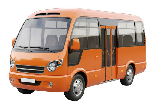 A vibrant orange mini bus parked against a white background