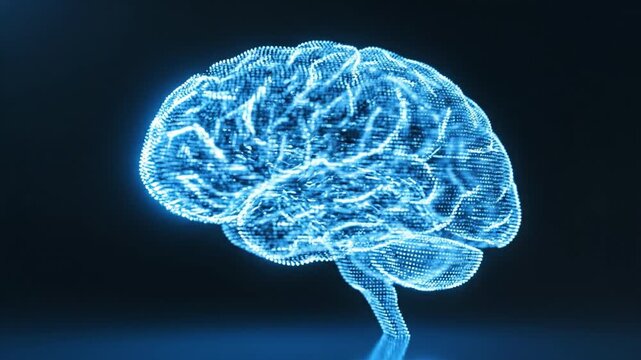 Digital neural network brain visualization glowing blue light, futuristic abstract cortex and neuron pathways composed of particles and wireframe, illuminated neural network technology floating dark