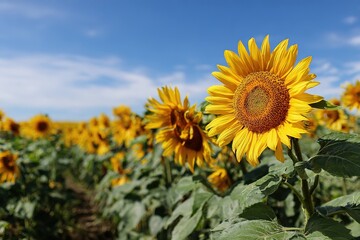 Obraz premium bright sunflower field under clear blue sky
