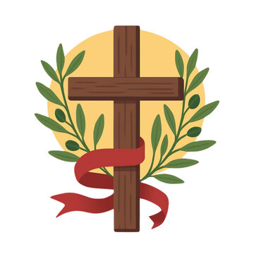 Cruz crist&atilde; de madeira com ramos de oliveira e fita vermelha