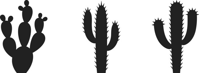 Three Different Types of Black Silhouette Cacti on White Background cactus © Hey there
