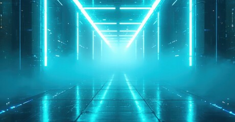 Fototapeta premium Futuristic corridor glows with bright cyan lights. Fog fills space, creating dramatic perspective. Digital aesthetic dominates scene.