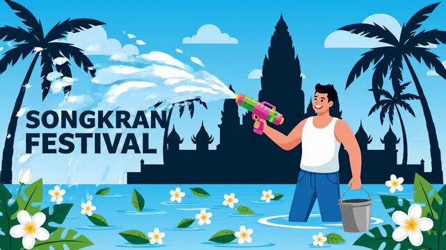 Songkran Festival Illustration Thai New Year Celebration with Water Gun, Temple, and Flowers