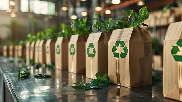 Rows of plants are neatly packaged in eco-friendly boxes, showcasing recycling symbols. This scene takes place in a greenhouse on a sunny afternoon, emphasizing sustainability in gardening