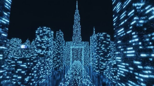 Glowing futuristic cityscape night neon blue skyscraper and bridge river cyberpunk reflective water moody energy. neon city skyline glowing blue light grid digital skyscraper silhouettes illuminated
