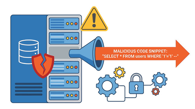 Server Security Breach Malicious Code Injection Threat to Database. Vector Illustrations. EPS Editable