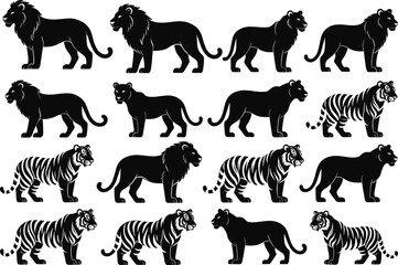 Black lion and tiger silhouettes collection, majestic big cats standing profiles with manes and stripes, various poses vector set for wildlife, safari, zoo and animal design projects © Rabbi's World