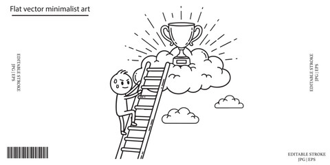 Fototapeta premium Success achievement businessman climbing ladder to trophy cloud