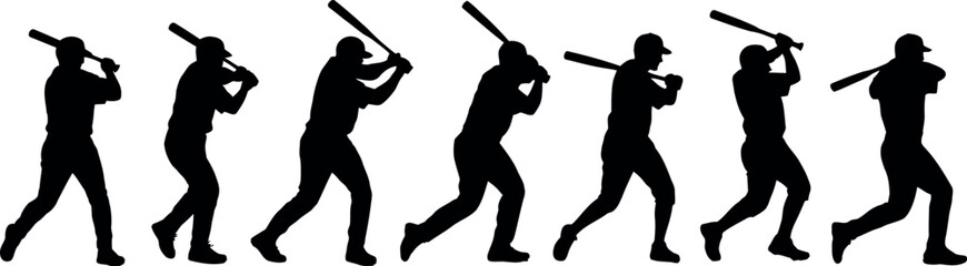 Diverse silhouettes of baseball players swinging bats in sequence showing motion isolated on transparent background