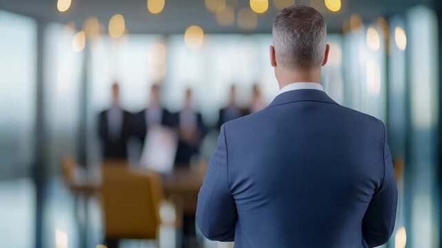 Strategic Leadership: A distinguished leader stands before their team, imparting wisdom and guidance in a sleek modern boardroom, the scene is set for impactful decisions and future success.