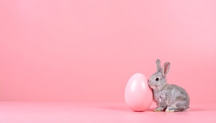 Obraz premium Minimalist Easter Rabbit with Pink Egg on Monochrome Background