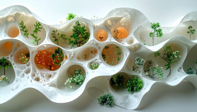 A delicate sculpture in which layered white paper forms wavy contours resembling miniature landscapes.
