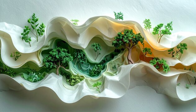 A delicate sculpture in which layered white paper forms wavy contours resembling miniature landscapes.