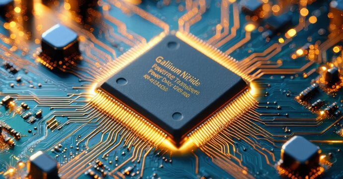 Circuit board displays gallium nitride power chip. Gold contacts highlight complex electronic components, technology focus.