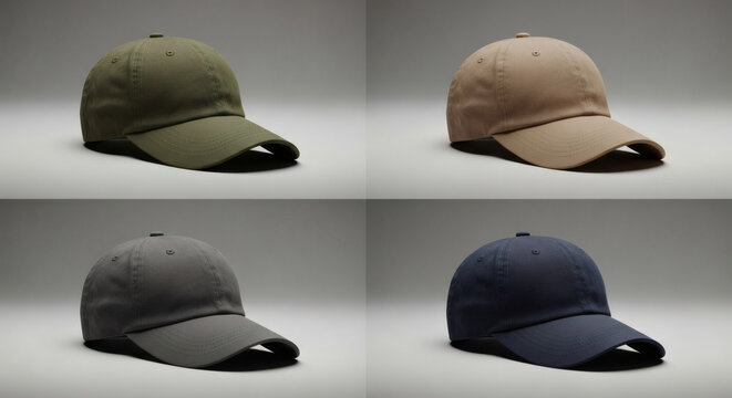 Set of Four Baseball Cap MockUps in Different Colors Olive Green, Tan, Gray, and Navy Blue