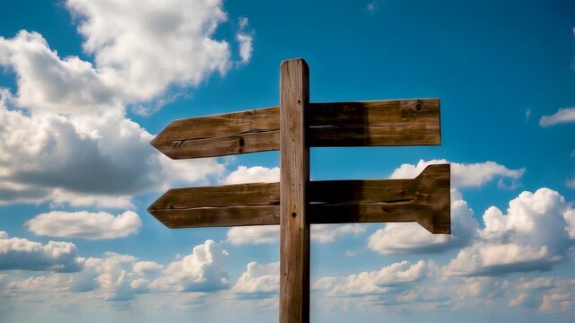 Wooden directional signpost against bright blue sky with fluffy clouds in open countryside landscape
