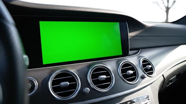 Modern Luxury Car Dashboard with Green Screen Display Mockup.