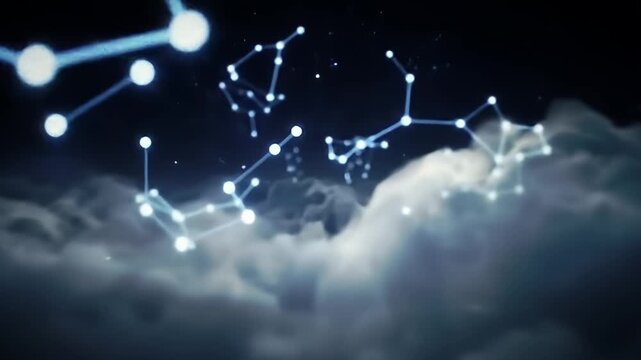 Blue constellation patterns floating amidst wispy, ethereal clouds in a dark sky