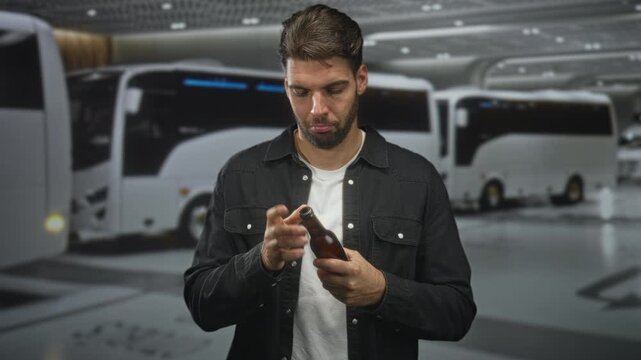 Man with beard holding and opening a beer bottle with his hands inside a bus terminal building with white coaches visible; relaxed leisure.