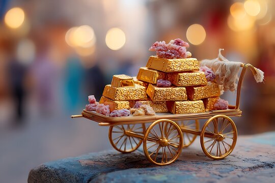 Golden Saudi mutabbaq pastries stacked on vintage cart in warm street market with soft bokeh lights