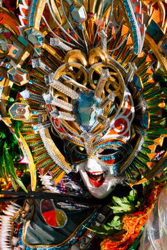 Cebu City, Philippines - 18 January 2026: View of a vibrant Sinulog festival mask, a kaleidoscope of colors and intricate designs, embodying the city's rich cultural heritage.