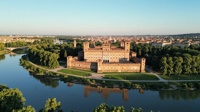 Aerial view of the stunning Parma castle and lush green park on a sunny day